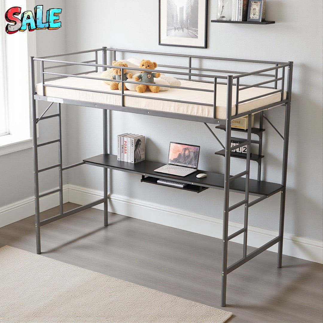 Tcbosik Twin Size Metal Loft Bed with Desk & Storage Shelves – Space ...