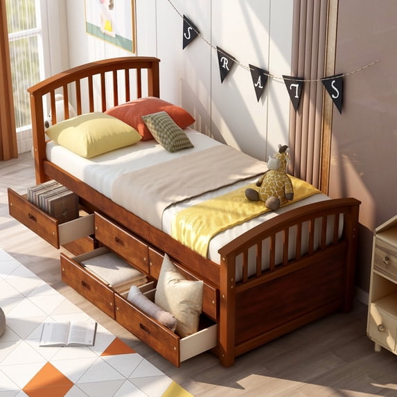 Tcbosik Twin Size Modern Storage Platform Bed with 6 Drawers, Walnut