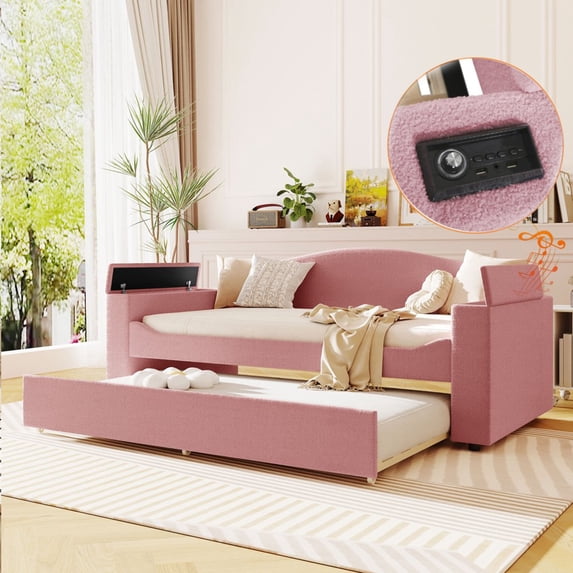 Tcbosik Twin Size Modern Upholstered Daybed with Storage Armrests, Trundle, Latest Integrated Bluetooth Audio System and USB Port, Teddy Fleece, Pink