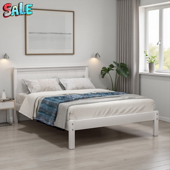 Tcbosik Twin Size Platform Bed with Headboard, Modern Rustic Wood Bed Frame with 300lbs Weight Capacity & 11.8" Under-Bed Storage, No Box Spring Needed, White