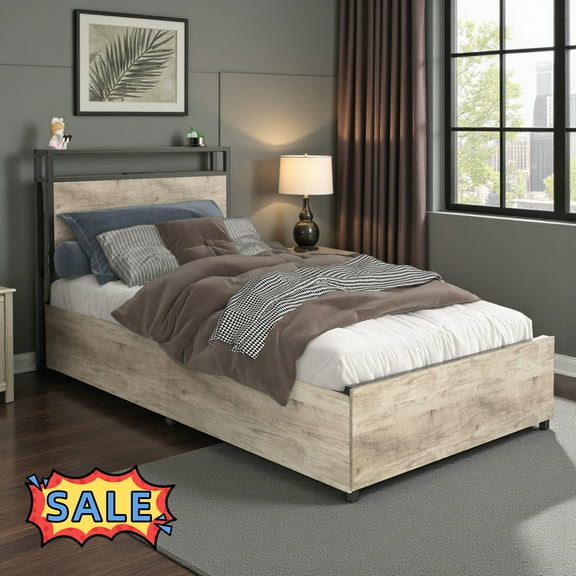 Tcbosik Twin Size Platform Bed with Charging Station and LED Lights, Bed Frame with 4 Storage Drawers for Bedroom, No Box Spring Needed, Gray Wash