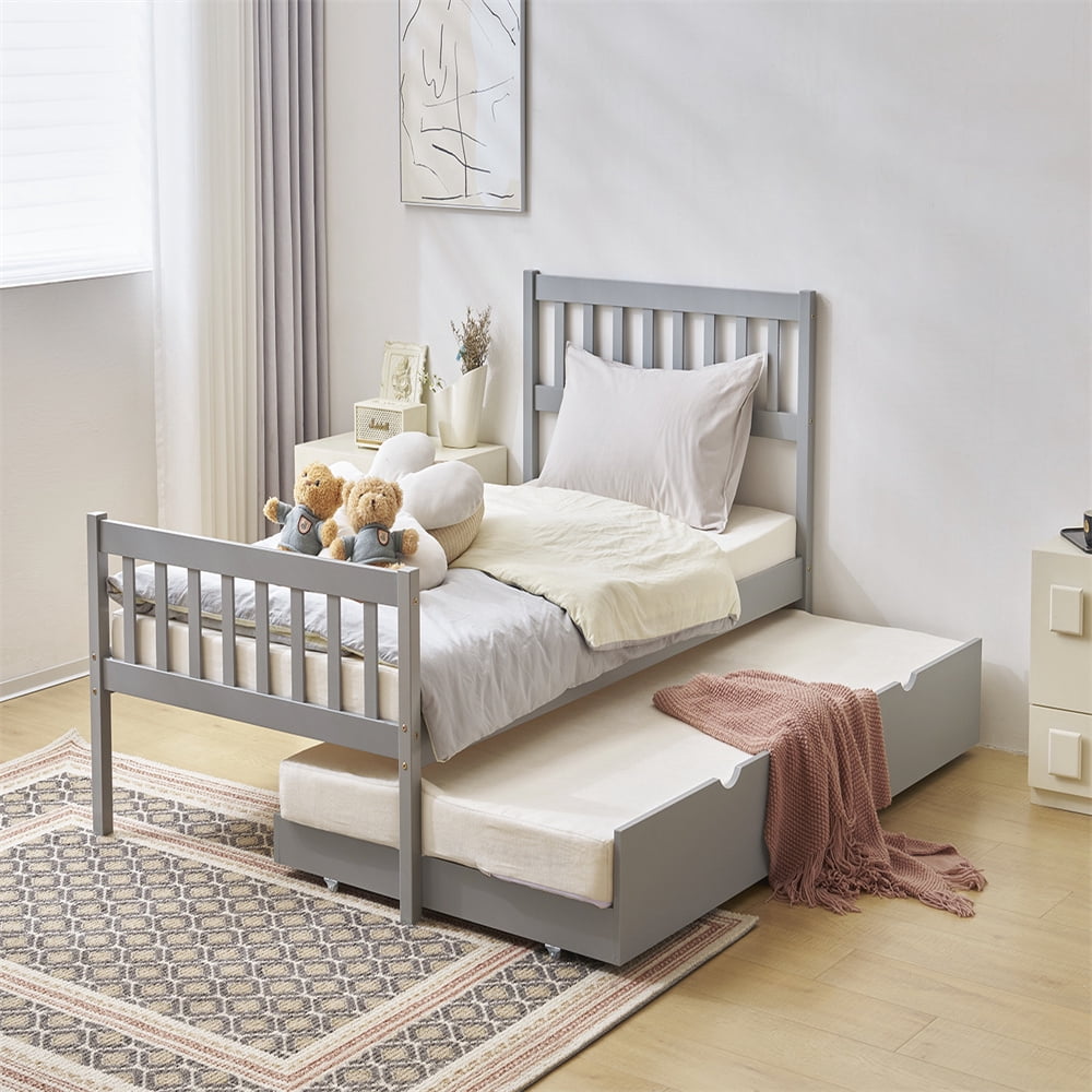 KOMFOTT Twin Size Platform Bed Frame With Pull-Out Trundle - Grey Wood Frame, Headboard & Footboard, No Box Spring Needed