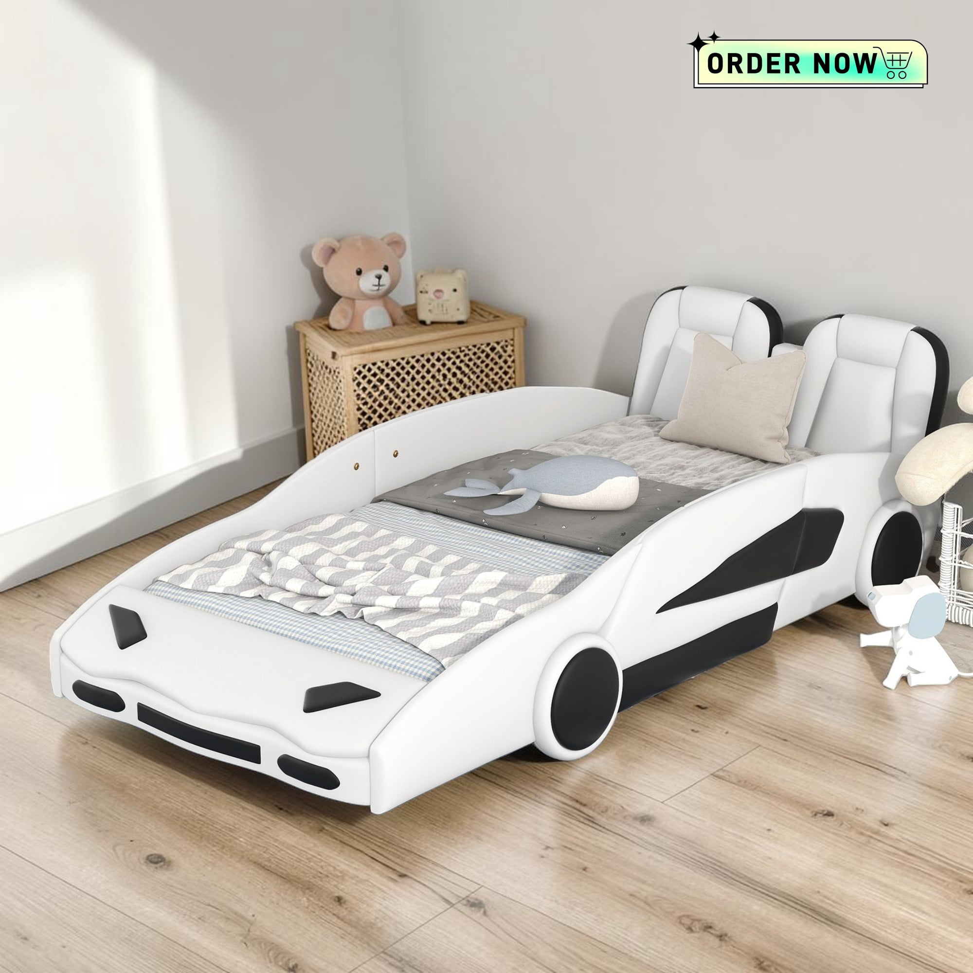 Tcbosik Twin Size Race Car-Shaped Platform Bed, Faux Leather Upholstered Bed Frame, Wood Slats Support, Easy Assembly, White