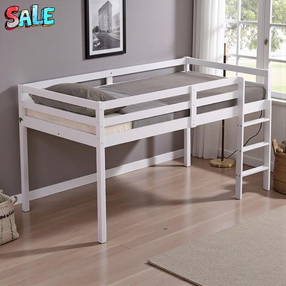 Tcbosik Twin Size Solid Pine Wood Low Loft Bed with Ladder and Guardrails, White