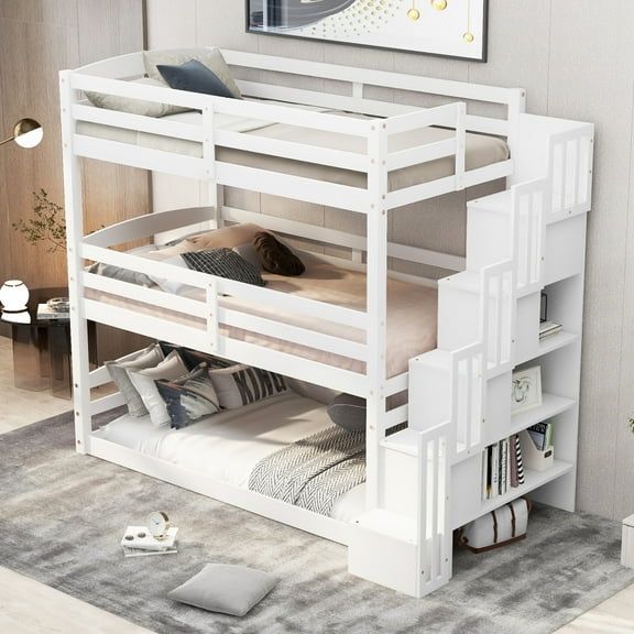 Tcbosik Twin Size Triple Bunk Bed With Storage Staircase,Separate Design,White