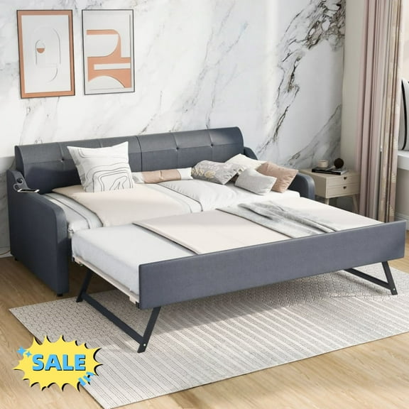 Tcbosik Twin Size Upholstered Daybed with Pop-up Trundle & USB Ports, Woven Fabric Sofa Bed, Bed Frame for Small Space, Living Room, Guest Room, Wood Slats Support, Gray