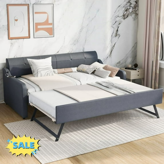 Tcbosik Twin Size Upholstered Daybed with Pop-up Trundle & USB Ports, Woven Fabric Sofa Bed, Bed Frame for Small Space, Living Room, Guest Room, Wood Slats Support, Gray