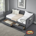 thumbnail image 1 of Tcbosik Twin Size Upholstered Daybed with Trundle, Linen Fabric Sofa Bed with Side Pocket and 2 Storage Drawers, Wood Bed Frame for Home Office, Space Saving, Dark Gray, 1 of 11