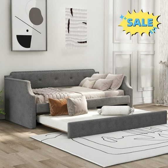 Tcbosik Twin Size Upholstered Daybed with Trundle, Sofa Bed with Button Tufted Back for Bedroom, Guest Room, Wood Slats Support, No Box Spring Needed, Gray