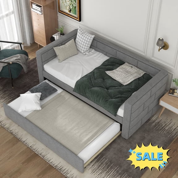 Tcbosik Twin Size Upholstered Daybed with Trundle, Sofa Bed for Bedroom, Guest Room, No Box Spring Needed, Gray