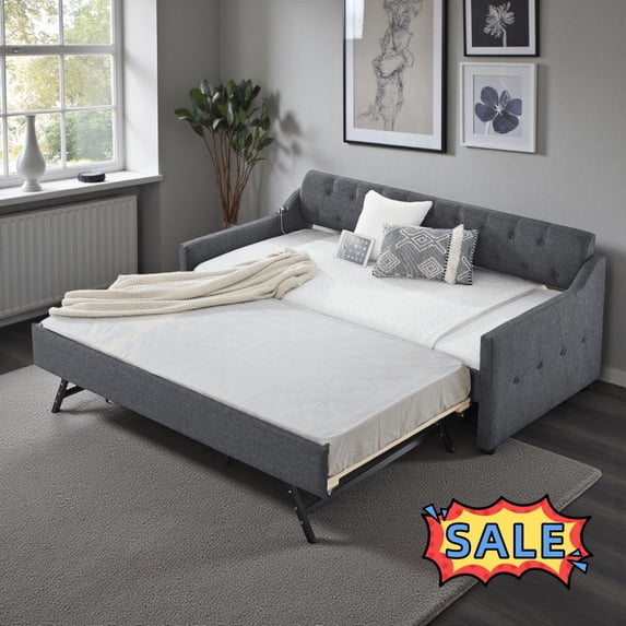 Tcbosik Twin Size Upholstered Linen Daybed with Trundle, Modern Sofa Bed with USB Port, Space Saving, No Box Spring Needed, Dark Gray
