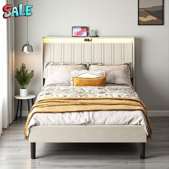 Tcbosik Twin Size Upholstered Platform Bed Frame with LED Light, USB & AC Charging Ports, Noise-Free Metal & Wood Structure, Padded Headboard – Beige
