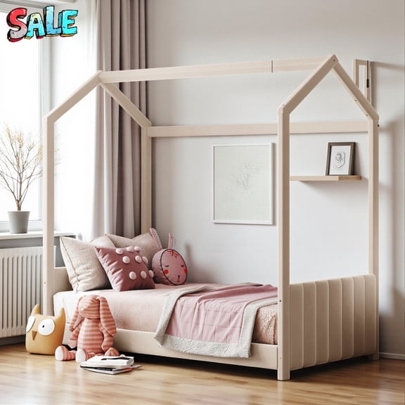 Tcbosik Twin Size Velvet Upholstered House Bed with Roof Design, No Box Spring Needed, Beige