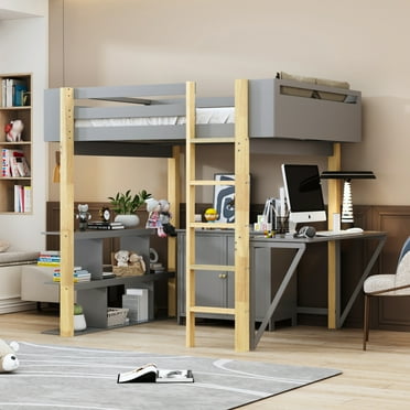 Tcbosik Twin Size Wood Loft Bed with Built-in Storage Cabinet and Shelves, Multipurpose Loft Bedframe with Foldable Desk for Home Bedroom, Gray