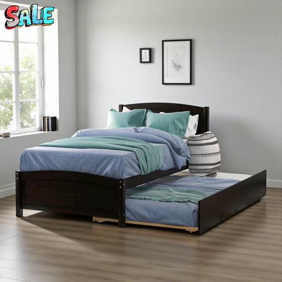 Tcbosik Twin Size Wood Platform Bed Frame with Pull-Out Trundle, No Box Spring Needed, Space-Saving Design for Small Bedroom, Guest Rooms  Espresso