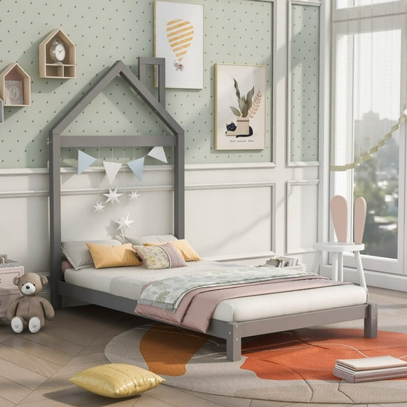 Tcbosik Twin Size Wood Platform Bed with House-shaped Headboard (Gray)