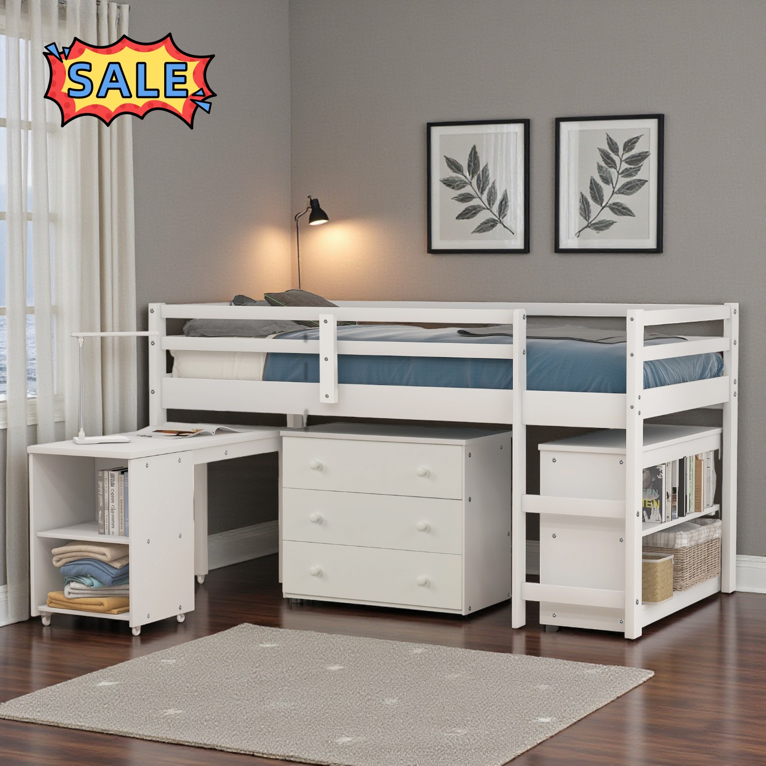 Tcbosik Twin Size Wooden Low Loft Bed with Desk, Cabinet and Shelves ...