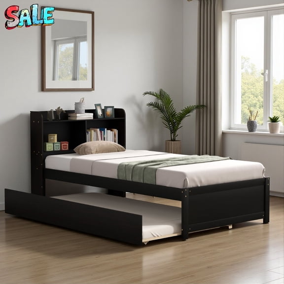 Tcbosik Twin Size Wooden Platform Bed with Storage Headboard & Pull-Out Trundle, Space-Saving Design, Espresso Finish