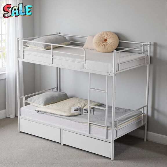 Tcbosik Twin Over Twin Size Convertible Metal Bunk Bed with 2 Storage Drawers, Split-Into-Two Design, Safety Guardrails, 400/600 lbs Capacity, Modern Space-Saving Bed Frame, White
