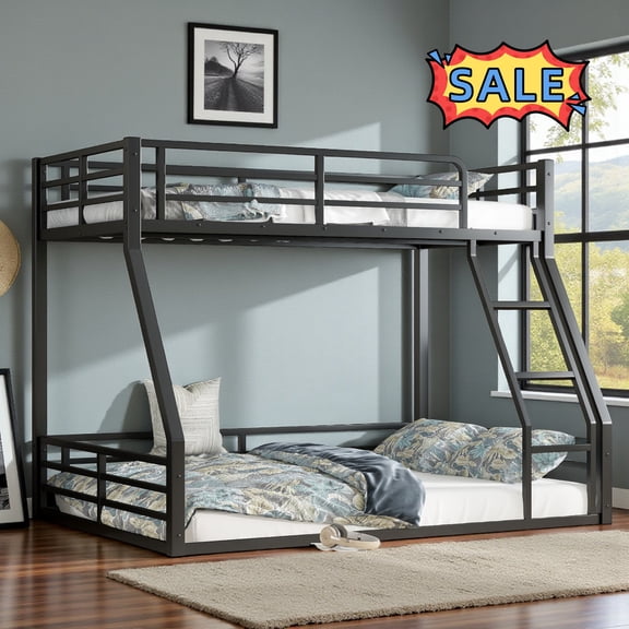 Tcbosik Twin XL Over Queen Size Metal Bunk Bed for Adults, Heavy Duty Bed Frame, Space Saving & Noise Reduced, Black