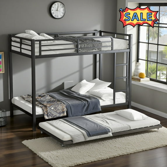 Tcbosik Twin XL Over Twin XL Bunk Bed with Trundle, Metal Bed Frame with Ladder and Full-Length Guardrail, Noise Free, Black