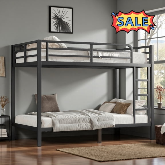 Tcbosik Twin XL over Twin XL Size Metal Bunk Bed, Bed Frame with Built-in Ladder and Full Length Guardrail, No Box Spring Needed, Easy Assembly, Black