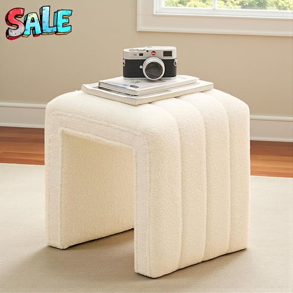 Tcbosik U-Shaped Teddy Velvet Ottoman Footstool, Premium Upholstered Seat, Multi-Functional Accent Stool for Living Room, Entryway, or Walk-In Closet – No Assembly Required, Beige