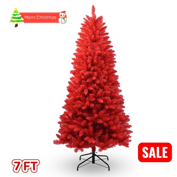 Tcbosik Unlit Christmas Tree 7ft, Artificial Xmas Tree with 1066 Branch Tips for Home Office Decor, Red