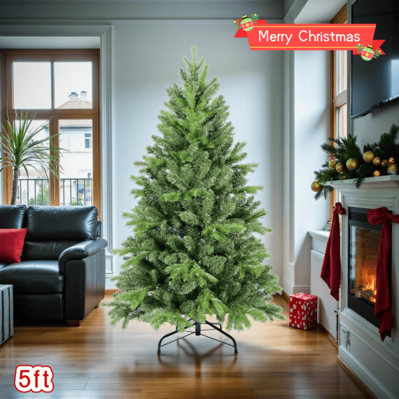 Tcbosik Unlit Christmas Tree with 756 Branch Tips, 5ft Artificial Xmas Tree with Metal Stand for Indoor Holiday Decoration, Green
