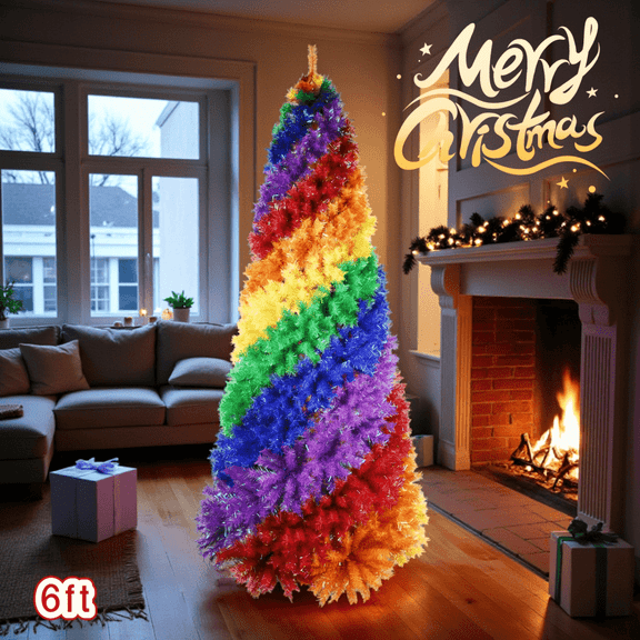 Tcbosik Unlit Rainbow Christmas Tree with 1248 Branch Tips, 6ft Artificial Xmas Tree with Spiral Design & Metal Stand for Indoor Holiday Decoration, Colorful