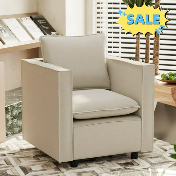 Tcbosik Upholstered Accent Armchair, Linen Fabric Single Sofa Chair, Modern Reading Chair for Bedroom, Living Room, Beige