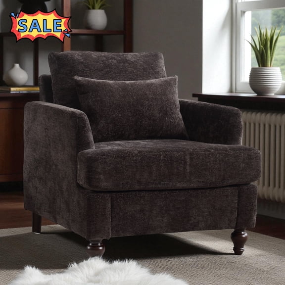 Tcbosik Upholstered Accent Chair, Chenille Fabric Armchair with Wood Frame, Mid Century Modern Reading Chair for Bedroom, Living Room, Black