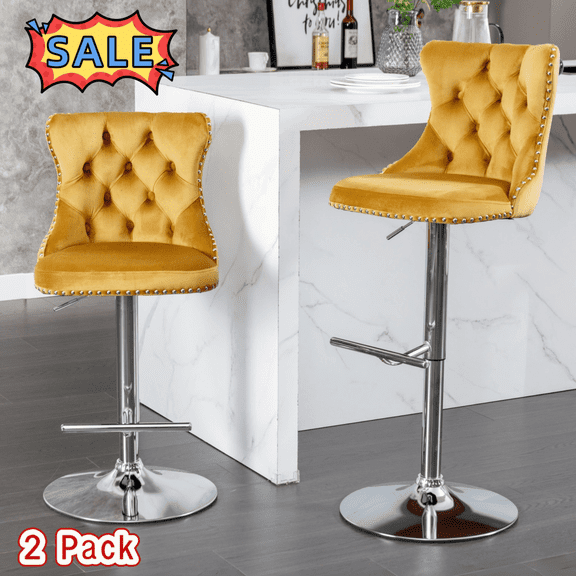 Tcbosik Upholstered Bar Stools Set of 2, 24.8" - 33" Height Adjustable Swivel Barstool with Button Tufted Back, Modern Island Chair with Chrome Base, Easy Assembly, Gold & Silver