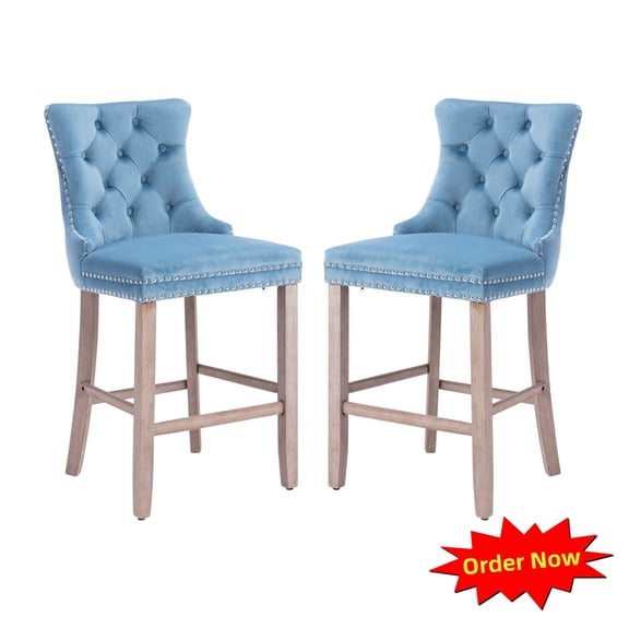 Tcbosik Upholstered Barstools Set of 2, Velvet Fabric Counter Height Bar Chair with Button Tufted Back and Wood Legs for Kitchen Island, Dining Room, Living Room, Easy Assembly, Light Blue