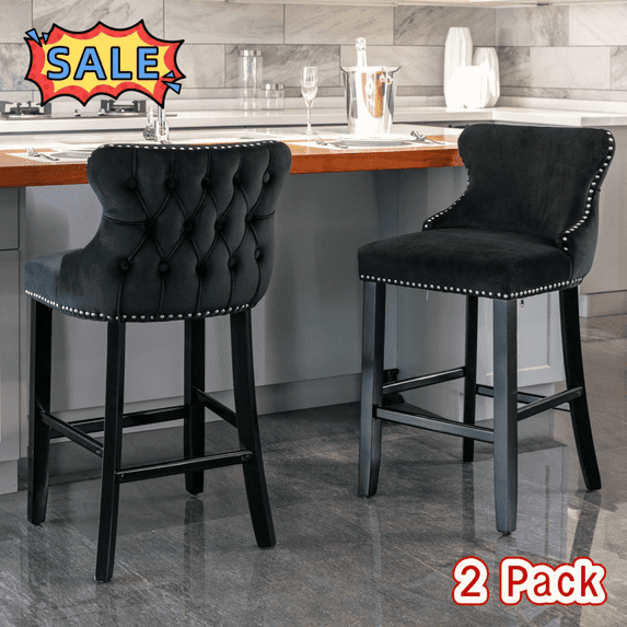 Tcbosik Upholstered Barstools Set of 2, Velvet Fabric Counter Height Bar Stool with Button Tufted Design, Chrome Nailhead Trim & Wood Legs for Kitchen Island, Dining Room, Black