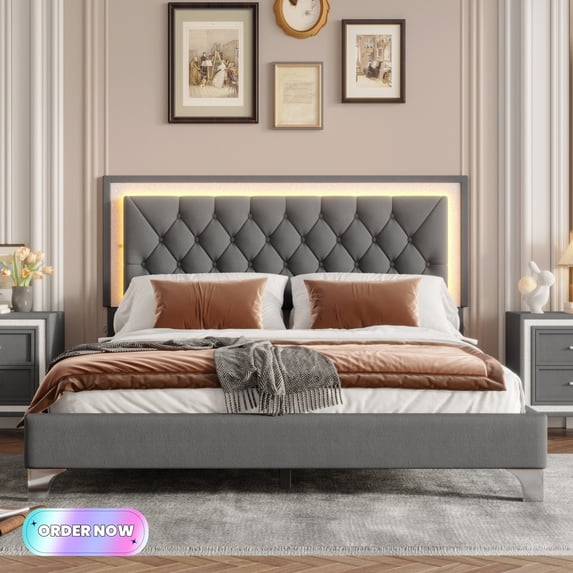 Tcbosik Upholstered Bed Frame with LED Lights and Tufted Headboard, Queen Size Platform Bed, No Box Spring Needed, Easy Assembly, Gray