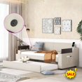 thumbnail image 1 of Tcbosik Upholstered Daybed with Trundle and USB Port, Twin Size Linen Fabric Sofa Bed with Storage Arms and Side Pocket for Living Room, Bedroom, Wood Slats Support, Space Saving, Beige, 1 of 11