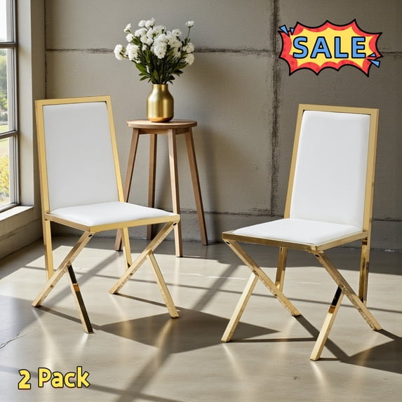 Tcbosik Upholstered Dining Chairs Set of 2, Modern Kitchen Chair with Metal Legs, Easy Assembly, White+Gold