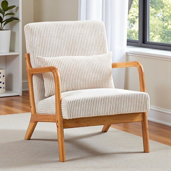 Tcbosik Upholstered Lounge Armchair with Waist Pillow & Solid Rubberwood Frame, Ergonomic Reading Chair, Modern Accent Chair for Living Room & Bedroom, Beige