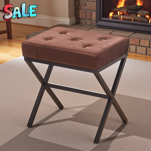 Tcbosik Upholstered Ottoman in Brown Velvet, Modern Padded Footstool with Tufted Seat Cushion and Black Metal Legs, Easy Assembly, 17"L x 13"W x 18"H