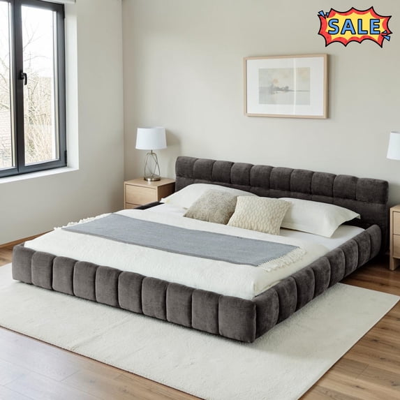 Tcbosik Upholstered Platform Bed, King Size Chenille Fabric Bed Frame, Wood Slats Support, Easy Assembly, No Box Spring Needed, Dark Gray