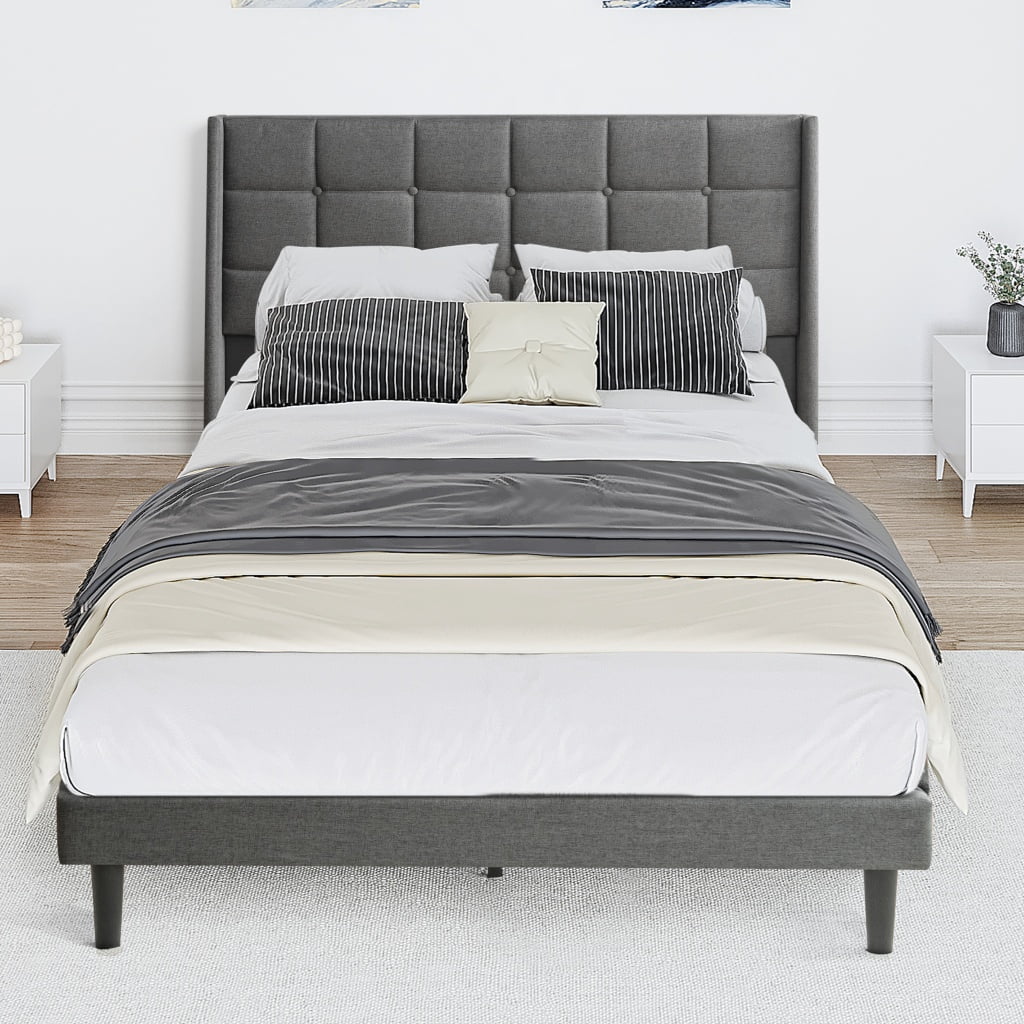 Tcbosik Upholstered Platform Bed Queen Size, Bed Frame with Button Tufted Headboard, Wood Slat Support, No Box Spring Needed (Linen Fabric, Dark Grey)