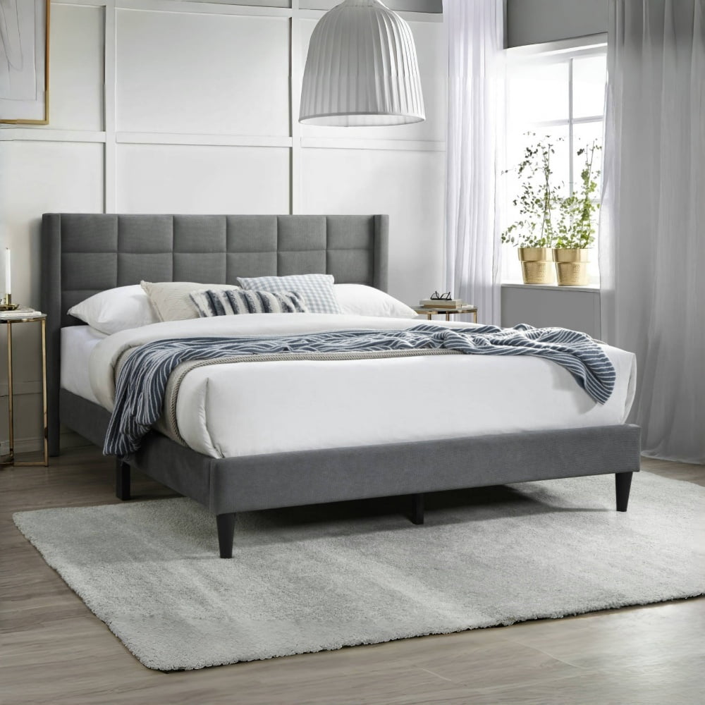 Tcbosik Upholstered Platform Bed Queen Size, Bed Frame with Button Tufted Button Wingback Headboard, No Box Spring Needed, Gray