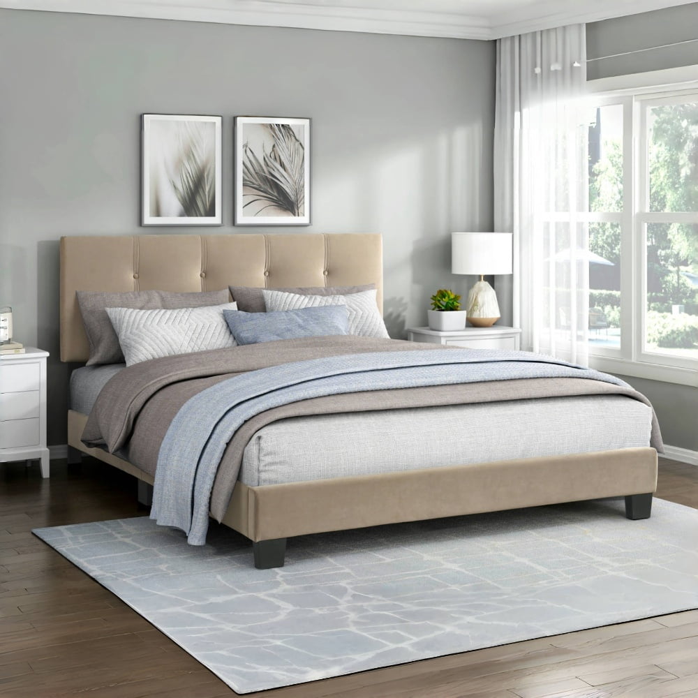 Tcbosik Upholstered Platform Bed Queen Size, Bed Frame with Height Adjustable Headboard, Solid Wood Slats Support, Easy Assembly, Light Brown