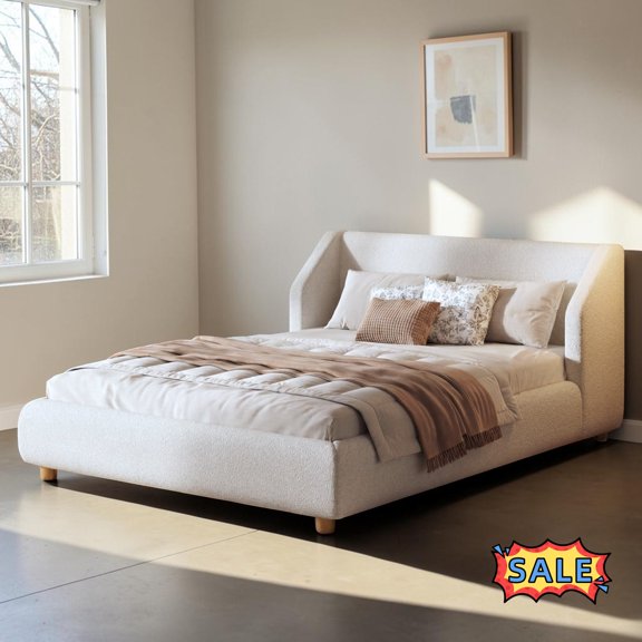 Tcbosik Upholstered Platform Bed with Extra-Wide Wingback Headboard, Queen Size Bed Frame with Wood Slats Support for Bedroom, Easy Assembly, White