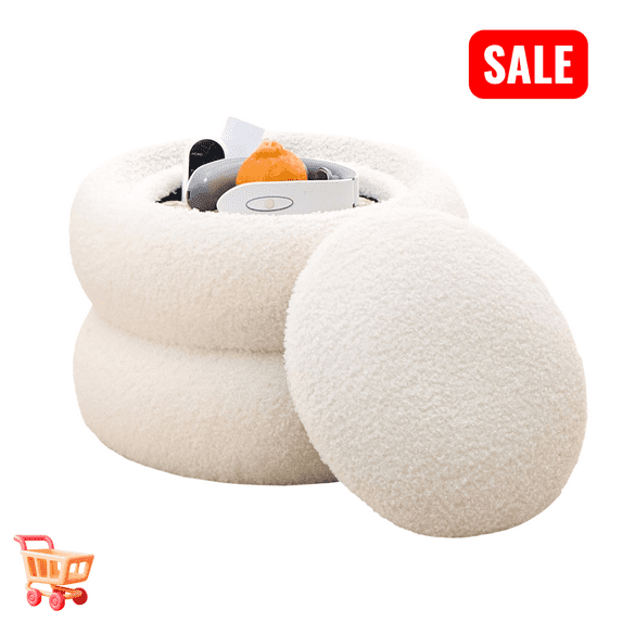 Tcbosik Upholstered Storage Ottoman with Tray Lid, 15 inch Round Footstool, Teddy Velvet Footrest for Small Space, Living Room, Bedroom, White