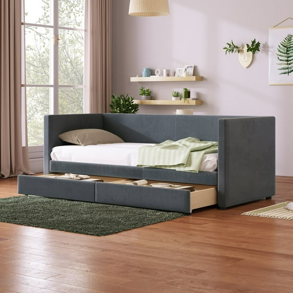 Tcbosik Upholstered Twin Size Daybed with 2 Drawers, Corduroy Fabric Bedroom Furniture Bedframe w/ Wood Slat Support, No Box Spring Needed, Gray