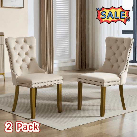 Tcbosik Upholstered Velvet Chairs Set of 2, Dining Chair with Button Tufted Back, Modern Accent Chair with Solid Wood Legs for Kitchen, Easy Assembly, Beige