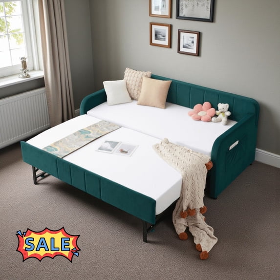 Tcbosik Upholstered Velvet Daybed with Trundle and Side Pocket, Twin Size Wood Sofa Bed for Small Space, No Box Spring Needed, Emerald
