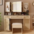 thumbnail image 1 of Tcbosik Vanity Desk with LED Lighted Mirror, Modern Makeup Vanity Table Set with Cushioned Stool and 3 Storage Drawers for Bedroom, Dressing Table with Pegboards & Hooks, Shelves & Cabinets, Natural, 1 of 8
